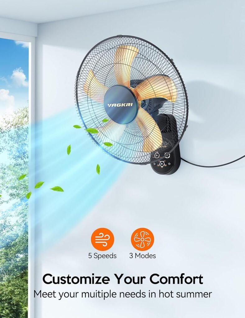 VAGKRI Wall Mount Fan, 16 Inch Wall Fan with 5 Blades, 5 Speeds, 8 Hour Timer, 90° Oscillating Quiet Fan with Remote for Home Office Bedroom Living Room Garage